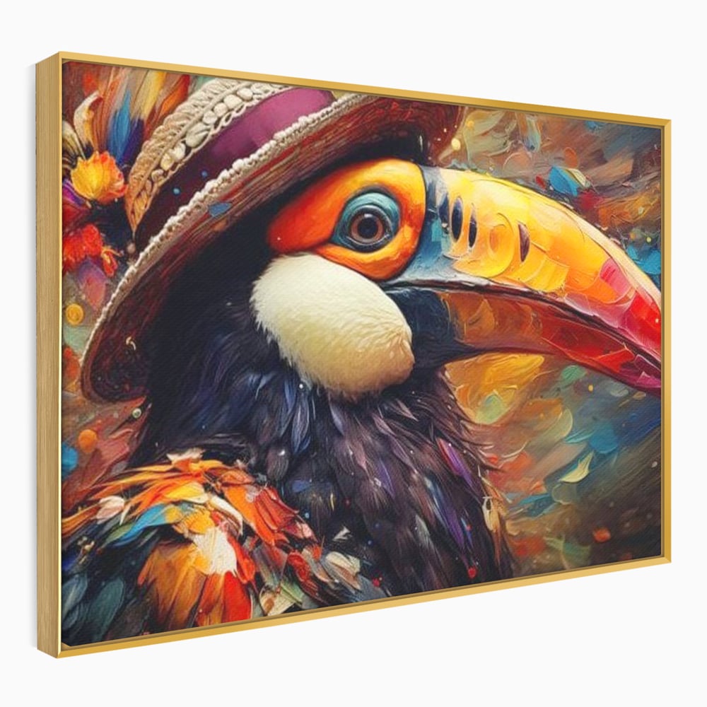 Tablou canvas cu tablou cu portret de tucan cu palarie, in rama de aluminiu auriu